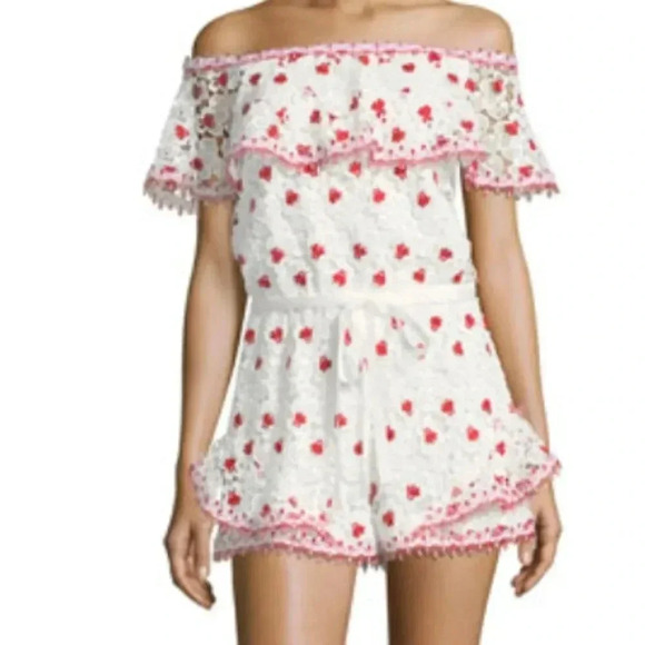 Alexis Pants - ALEXIS  Clive Off the Shoulder Lace Romper Red White One-Piece Size XS